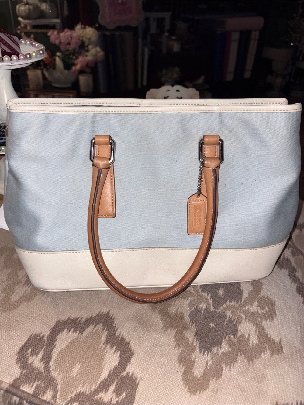 Coach Light Blue, White & Tan Leather-Handle Tote